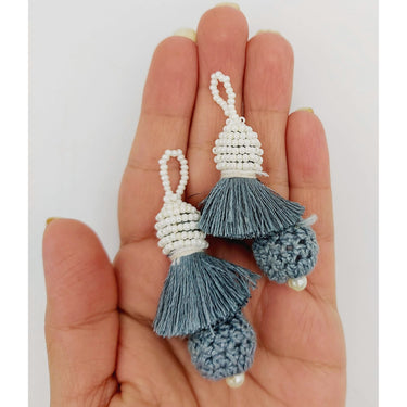 Grey Crochet Ball Tassels With White Pearls Beads, Tassel Charms, Nylon Tassels x 2